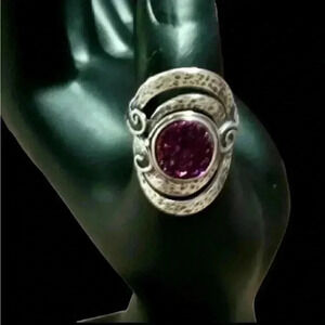 Rare Vintage Sterling Silver 925 
Large Oval Ornate Amethyst Statement Ring